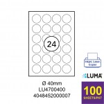 LUMA LU4700400 LABEL FOR INKJET / LASER / COPIER 100 SHEETS/PKT WHITE 40MM ROUND